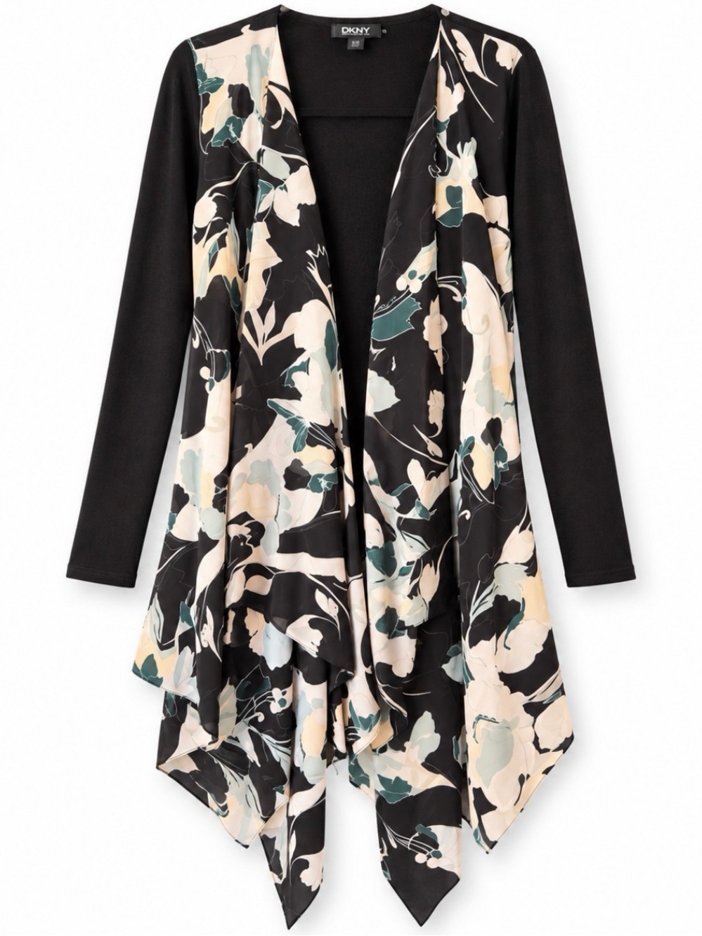 DKNY Floral Draped Waterfall Cardigan Black Longline Top PS